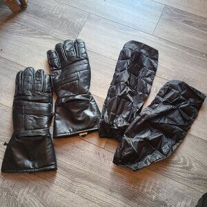 Black Leather Gauntlet Gloves Biker's Club 3XL Thinsulate 40g & Rain Cover
